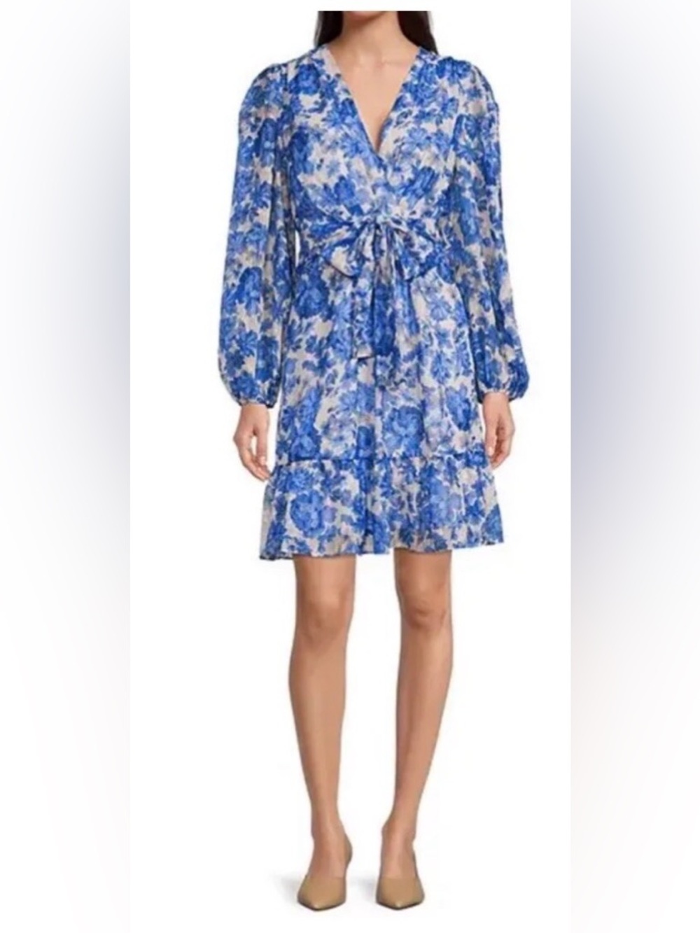 Alex Marie Simone Cobalt Floral Long Sleeve Tiered A Line Dress Vneck